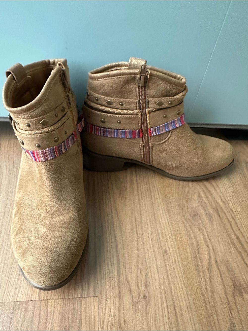 Women’s Tan Suede Ankle Booties with Decorative Strap
